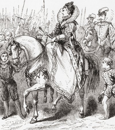 Élisabeth I inspectant ses troupes au port de Tilbury, 1588, de Ward et Locks Illustrated History of the World, pub. c.1882 - English School