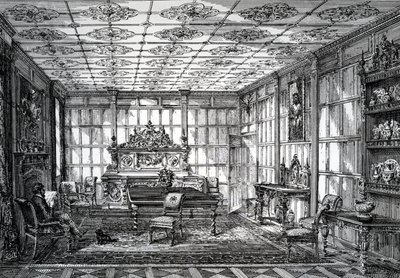 Salle à manger élisabéthaine, publiée dans The House-Furnisher & Decorator, 1er octobre 1872 - English School