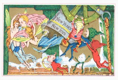Lutins et anges célébrant le Nouvel An, Carte de Nouvel An - English School