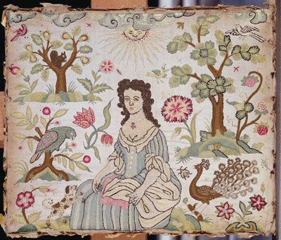 Panneau brodé représentant une dame dans un jardin, vers 1700 - English School