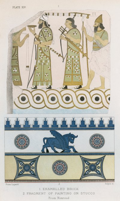 Brique émaillée, Fragment de peinture sur stuc, Nimroud (lithographie couleur) - English School
