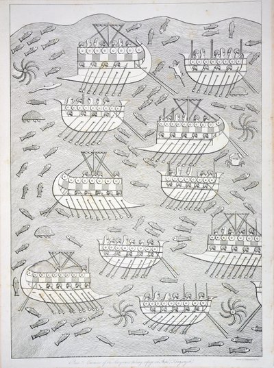 Ennemis des Assyriens se réfugiant dans des navires, planche 71 de Ninive et ses restes par Austen Henry Layard (1817-94) publié en 1849 - English School