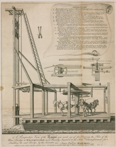 Machine pour enfoncer les pieux, pont de Westminster - English School