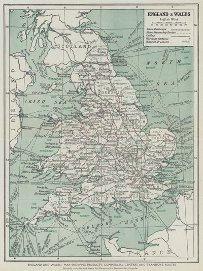 Angleterre et Pays de Galles, Carte montrant les produits, centres commerciaux et routes de transport - English School