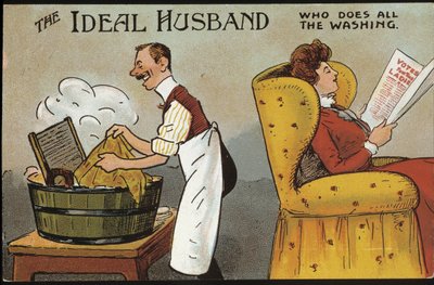 Caricature anglaise (mari idéal) : le mari idéal (qui fait toute la lessive) - carte postale, n.d., vers 1920 - English School