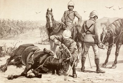 Cavalerie anglaise abreuvant leurs chevaux pendant la guerre des Mahdistes, Soudan dans les années 1880 (lithographie) - English School