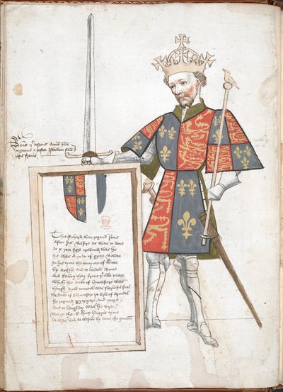 Roi anglais en armure et tabard (Richard II), présentant une plaque avec des vers. - English School