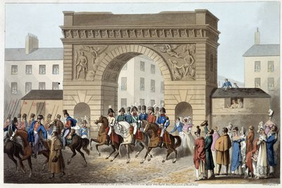 Les Anglais et alliés entrent à Paris dans « Anecdotes historiques, militaires et navales et incidents arrivés aux armes de la Grande-Bretagne et de leurs alliés, se terminant à Waterloo » par Edward Orme. Ill. par Fry, Sutherland, Clark, Dubourg, W.Heart, - English School