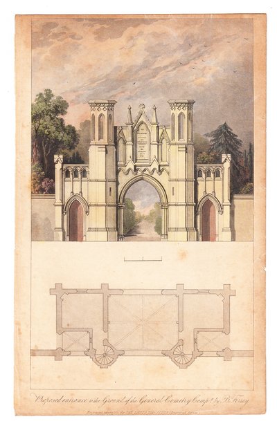 Entrée du cimetière de Highgate publiée par The Lady Magazine, vers 1839 - English School