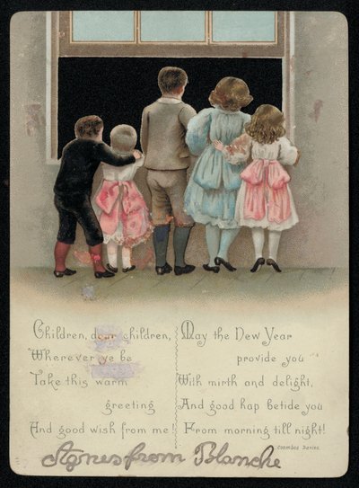 Enfants excités regardant par la fenêtre, carte de vœux du Nouvel An - English School