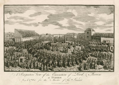 Exécution de Lord Ferrers à Tyburn, le 5 mai 1760, pour le meurtre de son intendant (gravure) - English School