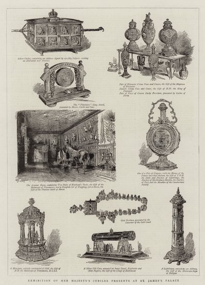 Exposition des cadeaux du jubilé de Sa Majesté au palais St James (gravure) - English School