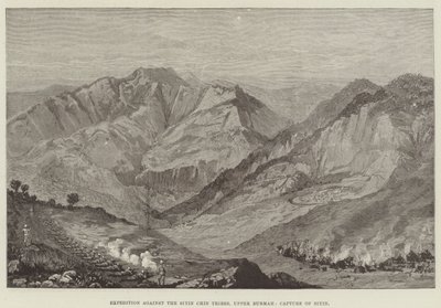 Expédition contre les tribus Siyin Chin, Haute-Birmanie, capture de Siyin (gravure) - English School
