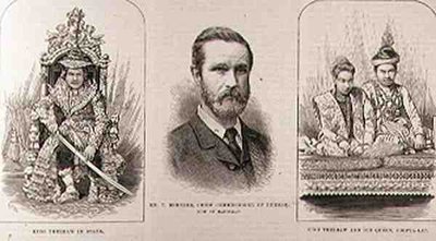 Expédition en Haute-Birmanie : Le roi Theebaw (1858-1916) en état, M. T. Bernard, commissaire en chef de Birmanie, maintenant à Mandalay, le roi Theebaw et sa reine, Soopya-Lat, de The Illustrated London News - English School