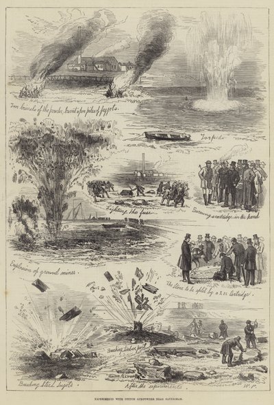 Expériences avec de la poudre à canon en coton près de Faversham (gravure) - English School