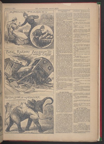 "ACCIDENT FERROVIAIRE MORTEL À WOOD-GREEN". Illustrated Police News, 9 mars 1895 (papier journal) - English School