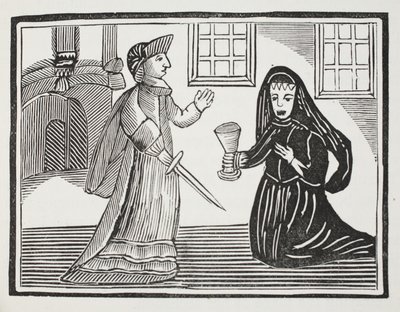 La belle Rosamonde empoisonnée par la reine Éléonore, illustration de Chap-books du XVIIIe siècle par John Ashton, pub. 1882 - English School