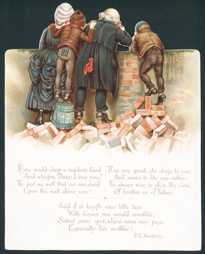 Famille penchée sur un mur regardant un couple romantique, carte de Noël - English School