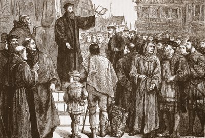 Farel prêchant sur la place du marché de Neuchâtel, illustration de L