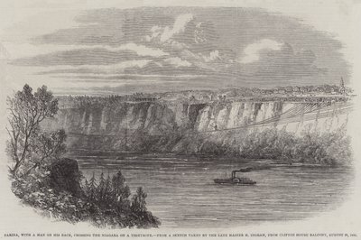 Farina, avec un homme sur son dos, traversant le Niagara sur une corde raide, depuis le balcon de Clifton House, 29 août 1860 - English School