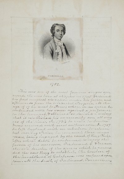 Farinelli, gravé par Henry Adlard (fl.1828-69), vers 1830 (gravure et encre sur papier) - English School