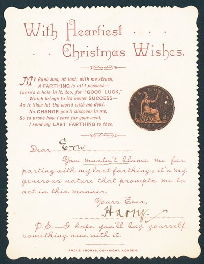 Farthing avec trou, carte de Noël - English School