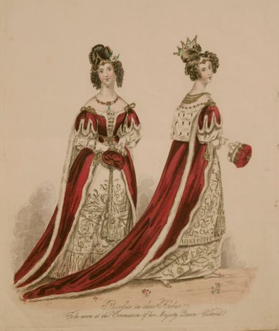 Planche de mode représentant des pairs en robes de couronnement - English School