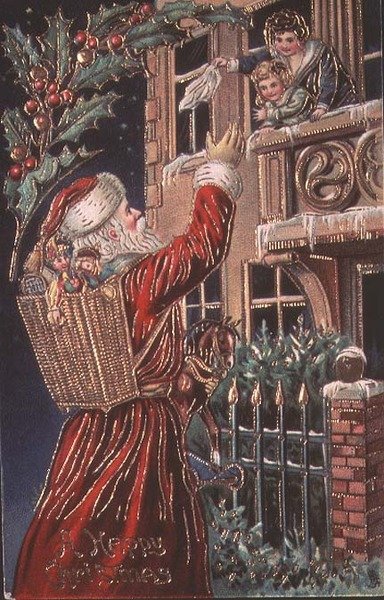 Père Noël saluant une mère et un enfant - English School