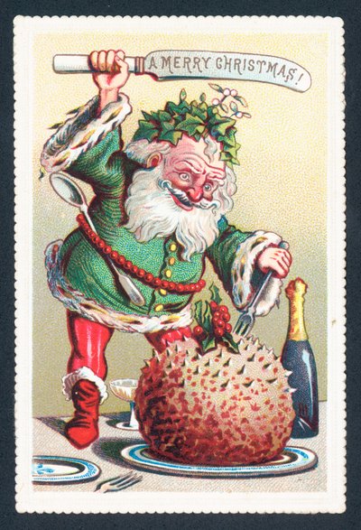 Père Noël coupant le pudding aux prunes, Carte de Noël - English School