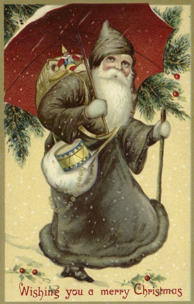 Père Noël en manteau de fourrure, portant des cadeaux - English School