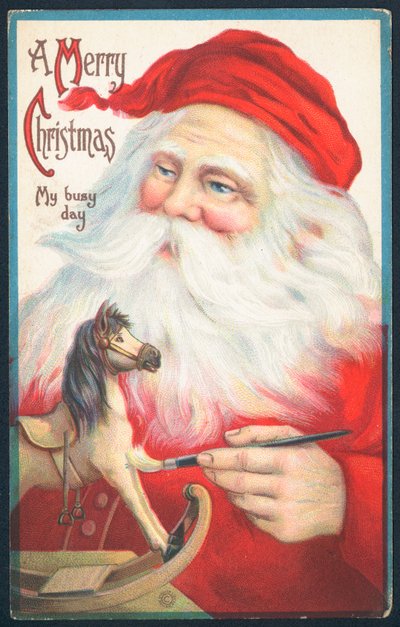 Père Noël peignant un cheval à bascule, Carte de Noël - English School