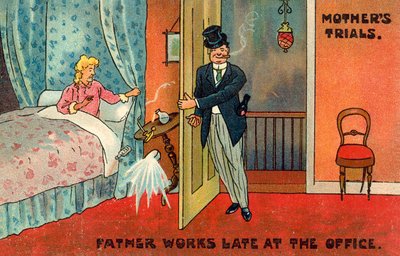 Le père travaille tard au bureau (lithographie en couleur) - English School