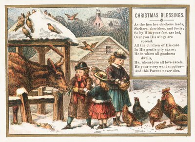 Nourrir les animaux dans la neige, carte de Noël - English School