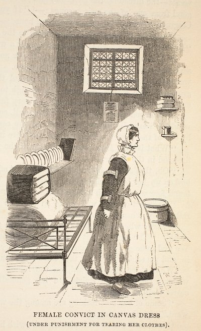 Détenue en robe de toile (punie pour avoir déchiré ses vêtements), illustration de The Criminal Prisons of London and Scenes from Prison Life par Henry Mayhew et John Binny, pub. 1862 - English School