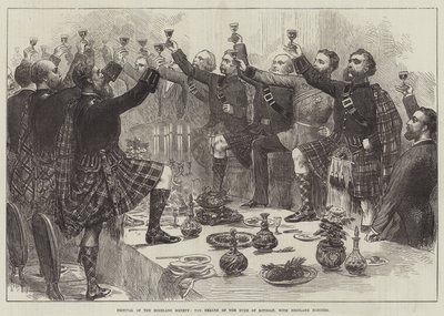 Festival de la société des Highlands, la santé du duc de Rothsay, avec les honneurs des Highlands (gravure) - English School