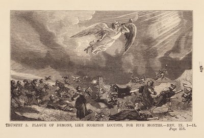 Cinquième ange apportant un fléau de démons, comme des sauterelles scorpions, pendant cinq mois (gravure) - English School