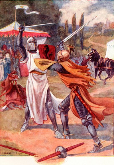 Chevaliers combattants en armure. Illustration en couleur du livre The Gateway to Tennyson publié en 1910. - English School