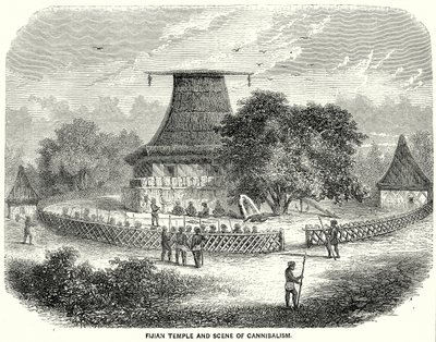 Temple fidjien et scène de cannibalisme (gravure) - English School