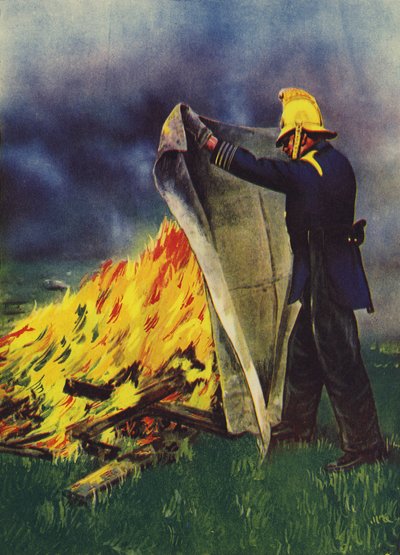 Pompier expérimentant une couverture ignifuge en amiante - English School
