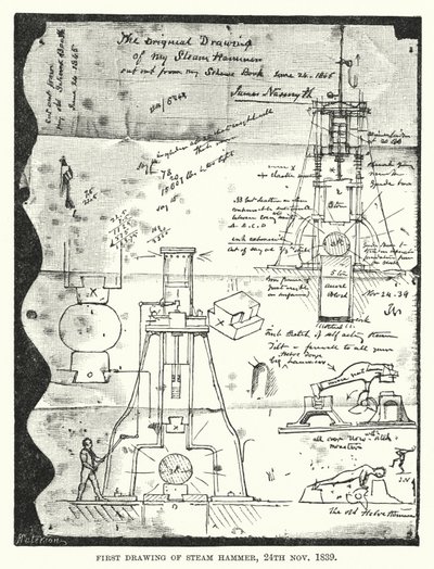 Premier dessin du marteau à vapeur, 24 novembre 1839 (gravure) - English School