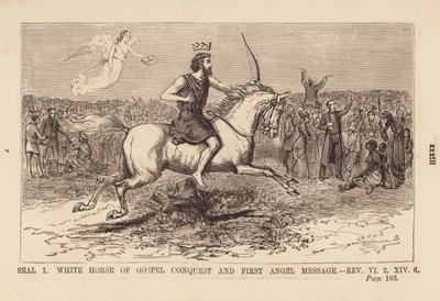 Premier sceau, cheval blanc de la conquête évangélique et message du premier ange (gravure) - English School