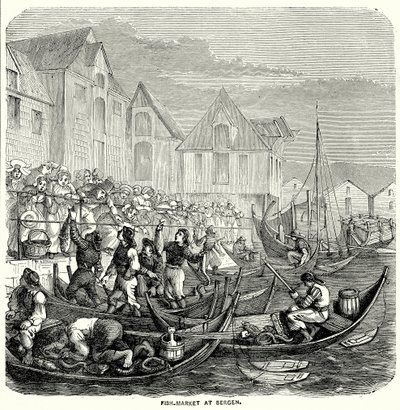 Marché aux poissons de Bergen (gravure) - English School