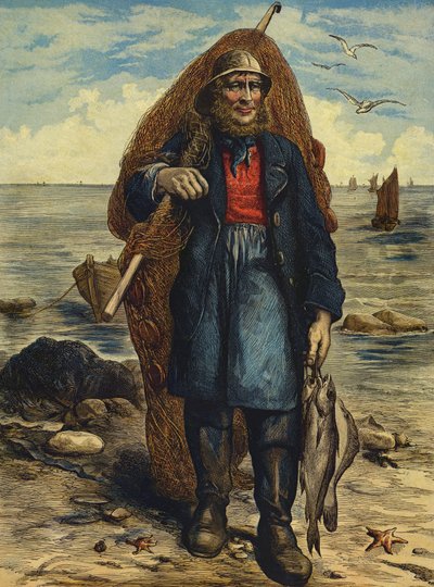 Pêcheur portant ses filets et tenant sa prise de poissons - English School