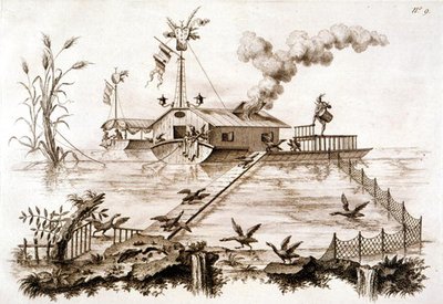 Pêche aux cormorans utilisant un bateau à eau et une enceinte clôturée, illustration de 