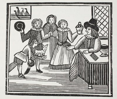 Fitzwarren recevant les aventures de ses serviteurs, illustration de Chap-books du XVIIIe siècle par John Ashton, pub. 1882 - English School