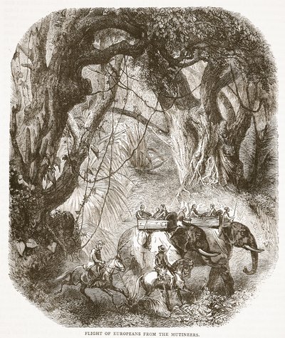 Fuite des Européens devant les mutins, illustration de Cassells Illustrated History of England - English School