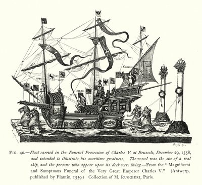 Char porté dans le cortège funèbre de Charles V à Bruxelles, 29 décembre 1558, destiné à illustrer sa grandeur maritime (gravure) - English School
