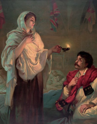 Florence Nightingale avec une lampe à huile - English School