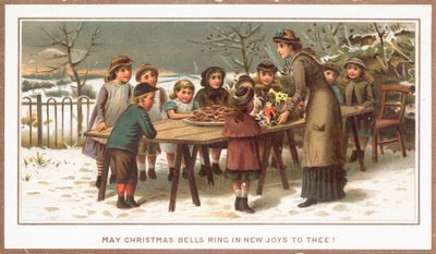 Nourriture et jouets sur une table pour enfants, carte de Noël - English School