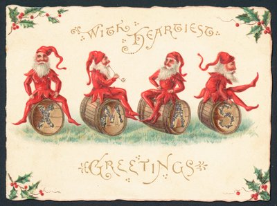 Quatre lutins assis sur des tonneaux, carte de Noël - English School